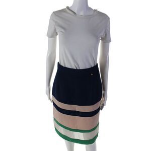 Harlyn Womens Textured Lined Stripped Midi Pencil Straight Skirt Navy Size XS